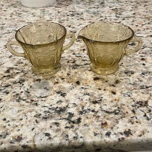 Vintage federal amber Madrid etched depression glass creamer and sugar bowl